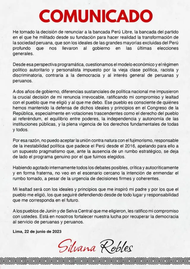 Comunicado de Silvana Robles tras su renuncia a Perú Libre. Foto: Twitter @SilvanaRoblesE   