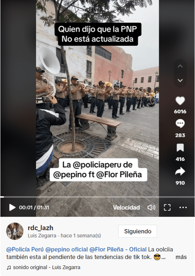  Publicación original muestra a la PNP interpretando un tema de la cantante Flor Pileña. Foto: captura de TikTok / Luis Zegarra   