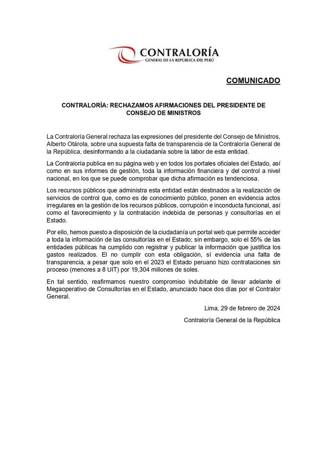 Contraloría rechaza declaraciones de Alberto Otárola. Foto: Contraloría del Perú/Twitter   