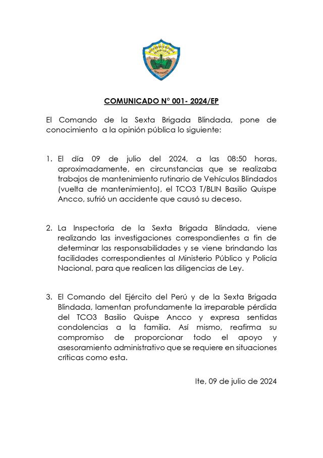  El Comando de la Sexta Brigada Blindada emitió un comunicado sobre lo sucedido.    