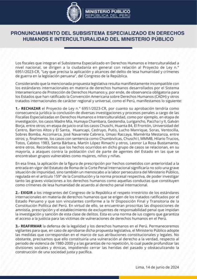 Comunicado conjunto de Fiscales. Foto: Ministerio Público 