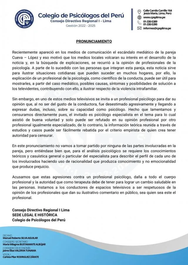 Comunicado del Colegio de Psicólogos del Perú que carece de validez pero que Magaly Medina reaccionó en su programa. Foto: Facebook.   