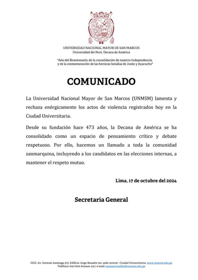  Comunicado de San Marcos. Foto: UNMSM    