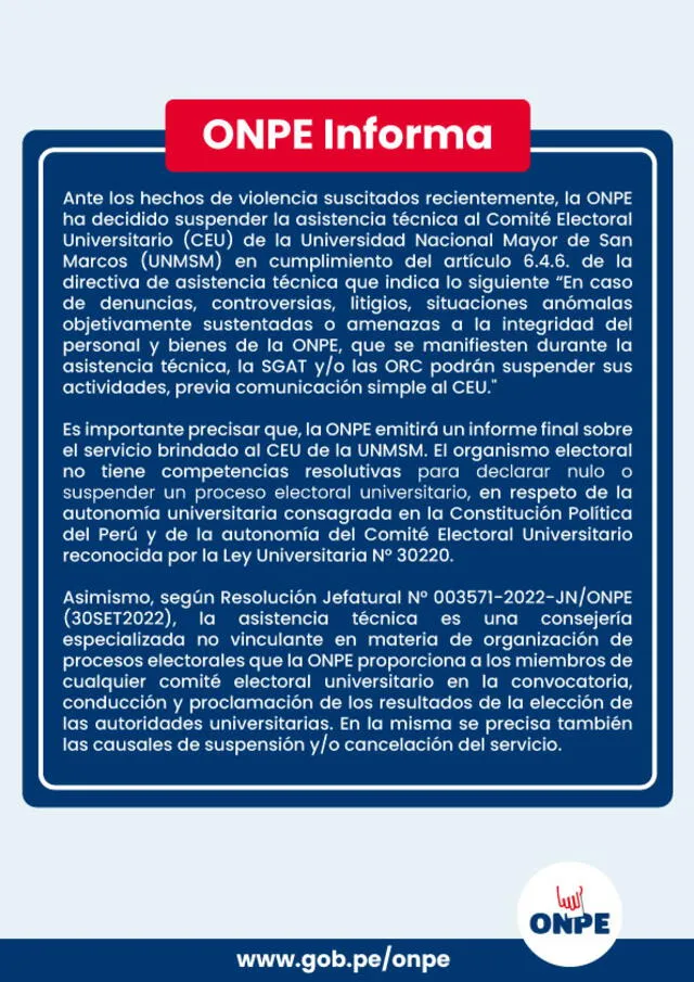  ONPE suspendió asistencia técnica en elecciones de la UNMSM    