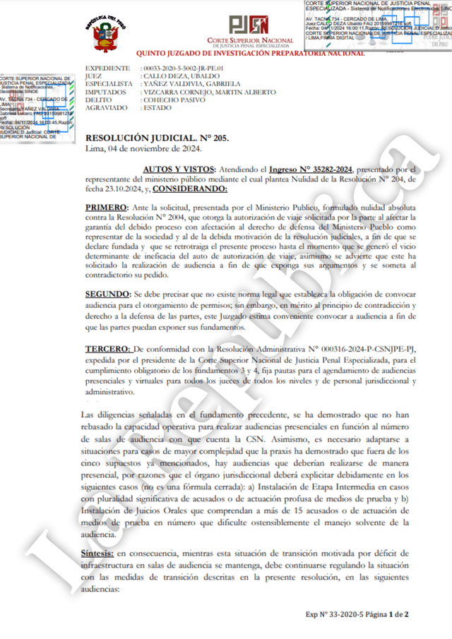  Resolución Judicial N° 205. Quinto Juzgado de Investigación Preparatoria Nacional. Foto: La República.    