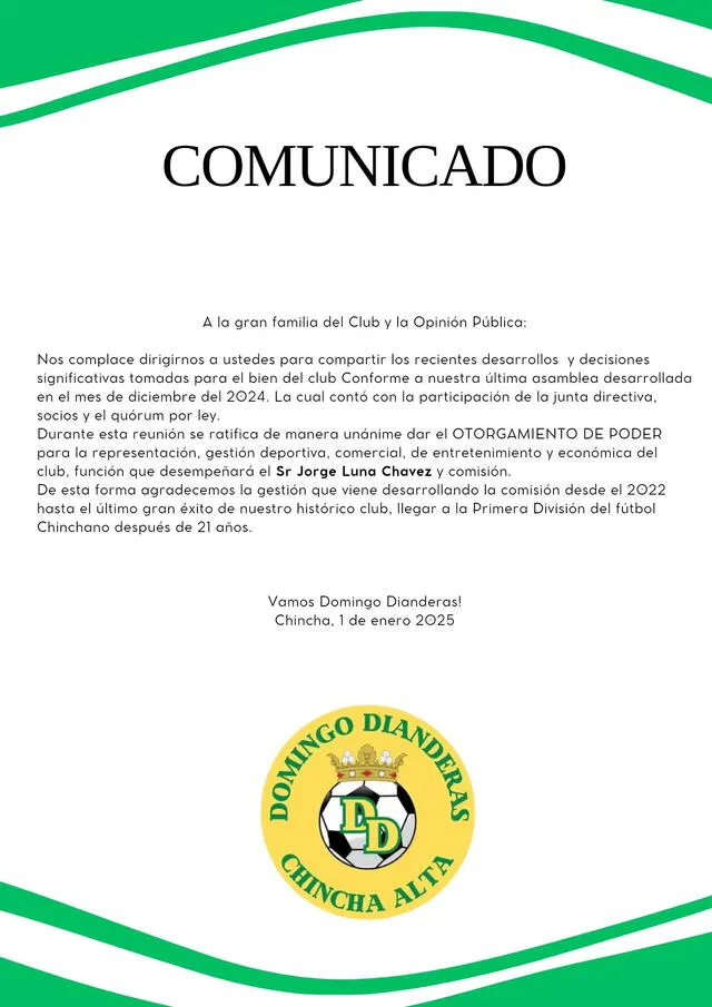 Comunicado Domingo Dianderas FC. Foto: Facebook.   