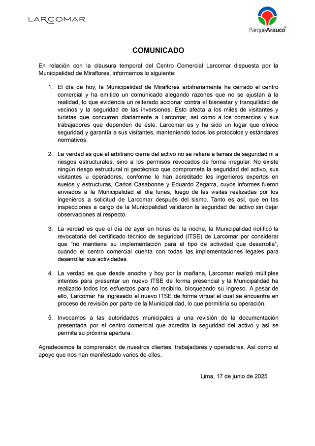 Comunicado oficial de Centro Comercial Larcomar. Foto: difusión Comunicado oficial de Centro Comercial Larcomar. Foto: difusión