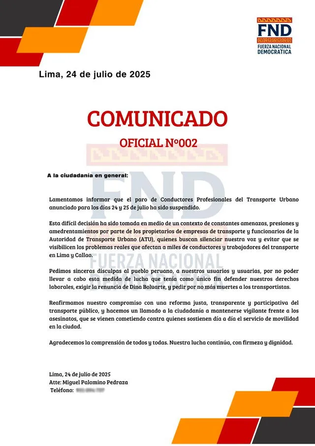 Comunicado del gremio de transportistas ante la suspensión del paro. Foto: Asociación Nacional de Conductores del Perú Comunicado del gremio de transportistas ante la suspensión del paro. Foto: Asociación Nacional de Conductores del Perú