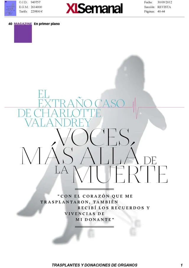  Entrevista a Charlotte Valandrey. Fuente: XL Semanal   