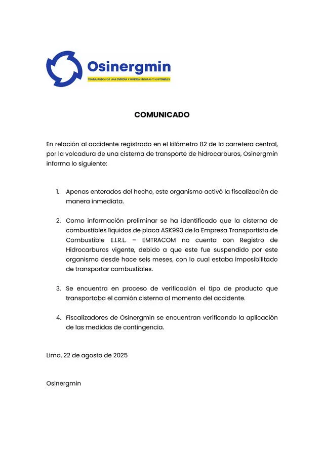 Osinerming se pronuncia y dice que empresa no cuenta con permiso para traslado de hidrocarburos. Foto: Osinerming   
