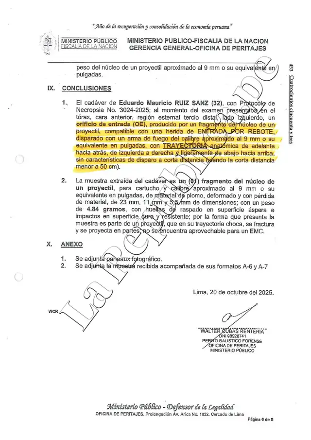  informe pericial de balística forense del Ministerio Público sobre el impacto de bala que recibió Eduardo Ruiz   