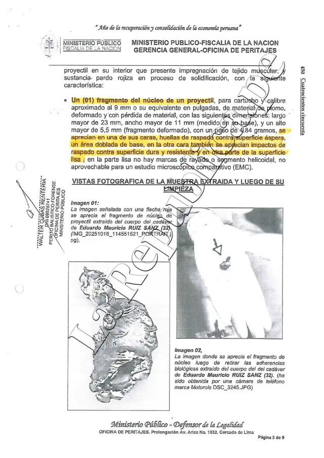  Detalles del proyectil que impactó a Eduardo Ruiz   