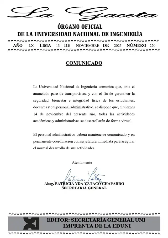 La UNI aseguró que la medida busca salvaguardar a sus trabajadores y estudiantes.   