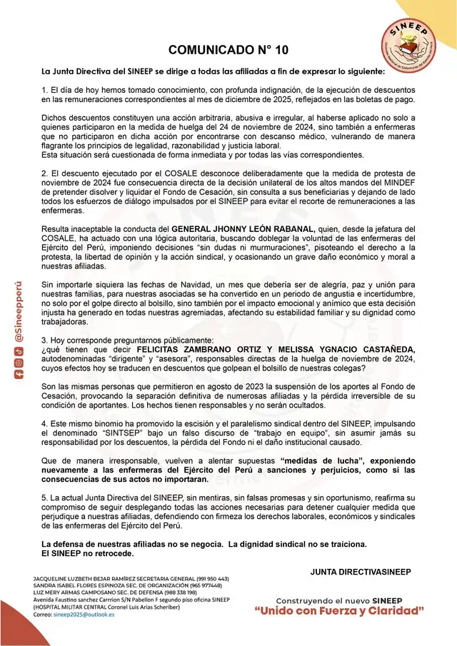SINEEP afirmó en su comunicado que la gestión del general León Rabanal ha ''pisoteado sus derechos''. Foto: SINEEP.   