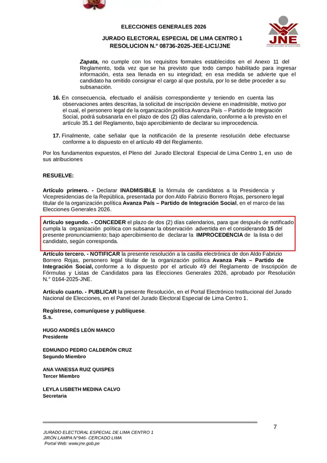  Resolución del JEE sobre la plancha presidencial de Avanza País   