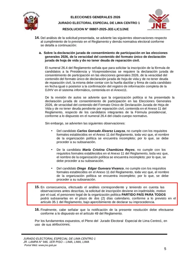  Resolución del JEE sobre la fórmula presidencial de País para Todos 