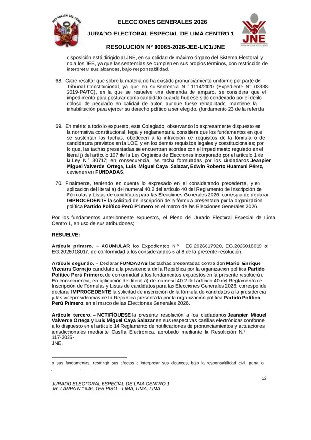 Jurado Electoral Especial dejó fuera a Mario Vizcarra de las Elecciones 2026. Jurado Electoral Especial dejó fuera a Mario Vizcarra de las Elecciones 2026.