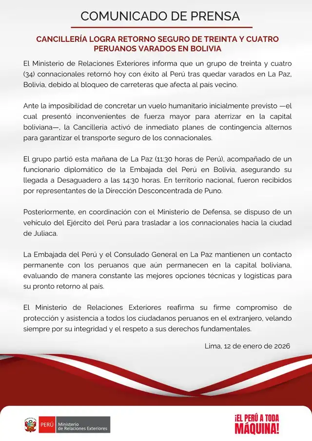  Comunicado de la Contraloría. Foto: Ministerio de Relaciones Exteriores.   