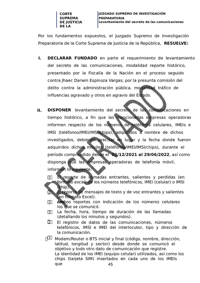  Decisión del Juzgado Supremo de Investigación Preparatoria   