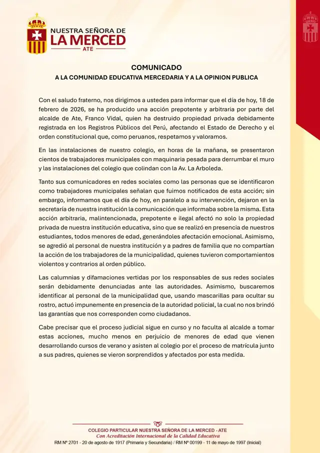 Pronunciamiento del colegio La Merced tras intervención municipal. Foto: Facebook de la institución Pronunciamiento del colegio La Merced tras intervención municipal. Foto: Facebook de la institución