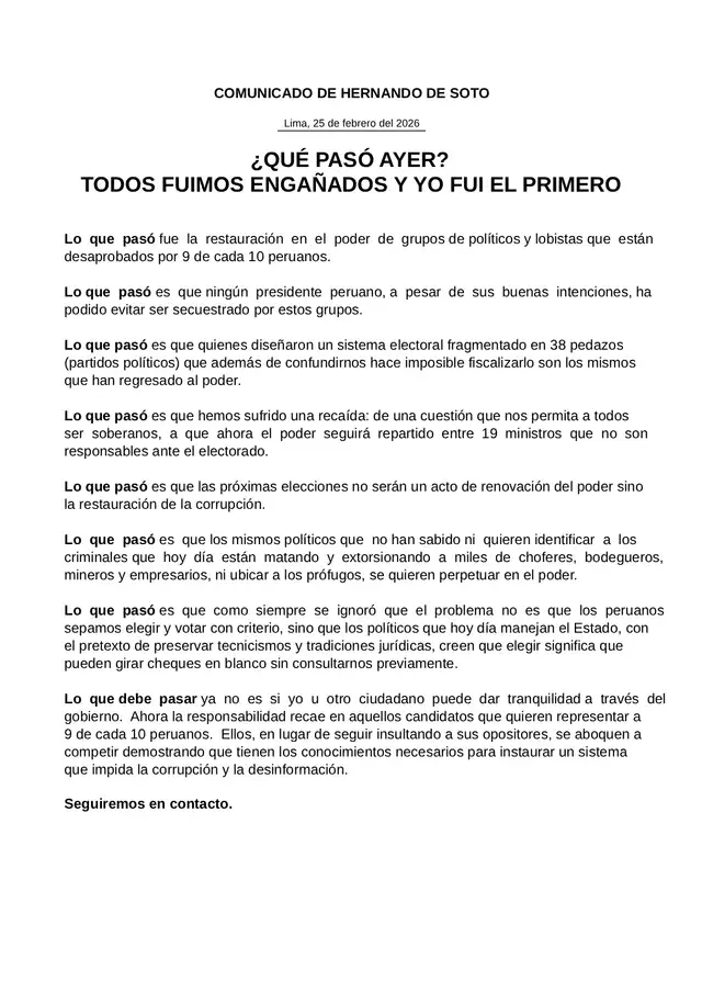 Comunicado de Hernando de Soto Comunicado de Hernando de Soto