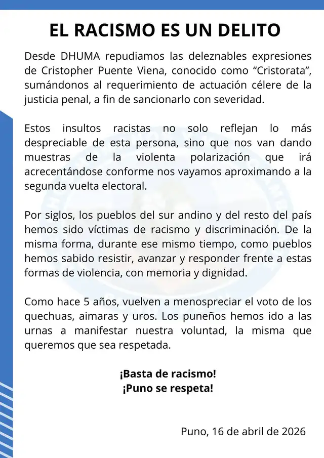 Rechazo contundente desde Puno a comentarios de streamer 'Cristorata'