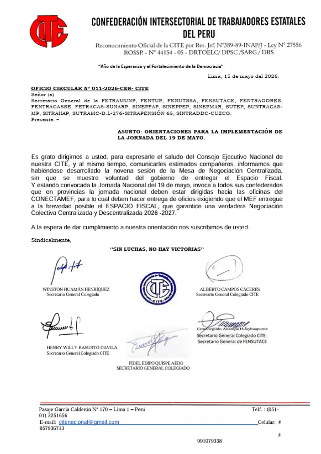 La circular fue enviada a sindicatos y federaciones de trabajadores estatales como la FETRAMUNP, FENTUP, FENUTSSA, SUTEP y otros gremios del sector público. La circular fue enviada a sindicatos y federaciones de trabajadores estatales como la FETRAMUNP, FENTUP, FENUTSSA, SUTEP y otros gremios del sector público.