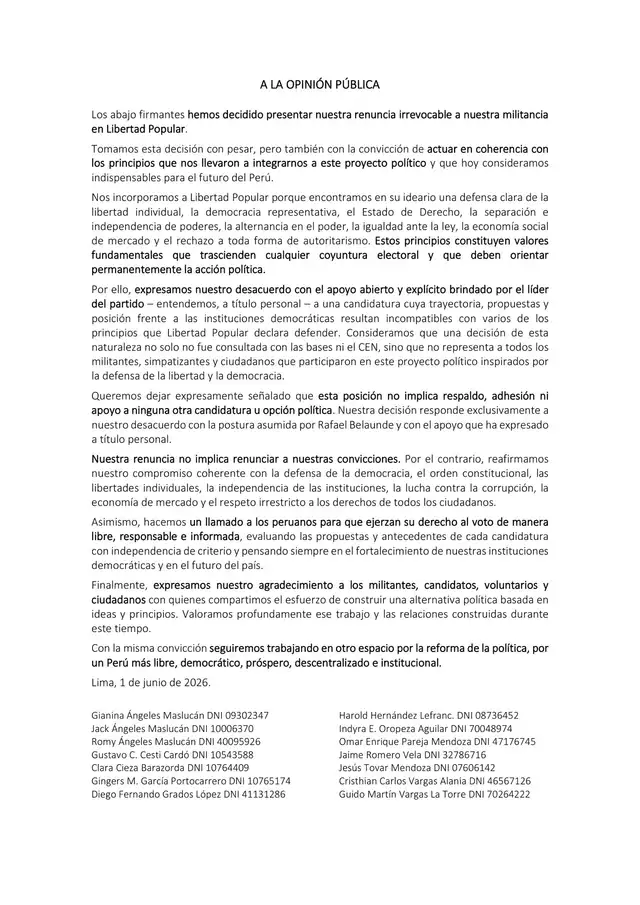 Comunicado de los militantes de Libertad Popular