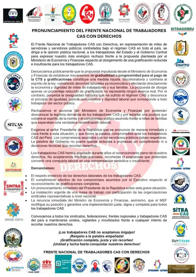 El Frente Nacional de Trabajadores CAS rechaza la propuesta del MEF de otorgar una gratificación reducida y aplicar un pago gradual de los beneficios laborales. El Frente Nacional de Trabajadores CAS rechaza la propuesta del MEF de otorgar una gratificación reducida y aplicar un pago gradual de los beneficios laborales.