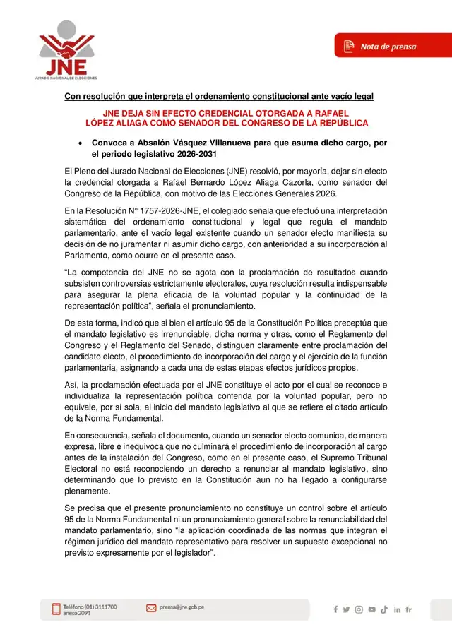 JNE deja sin efecto credencial de senador de Rafael López Aliaga y convoca a Absalón Vásquez en su lugar JNE deja sin efecto credencial de senador de Rafael López Aliaga y convoca a Absalón Vásquez en su lugar