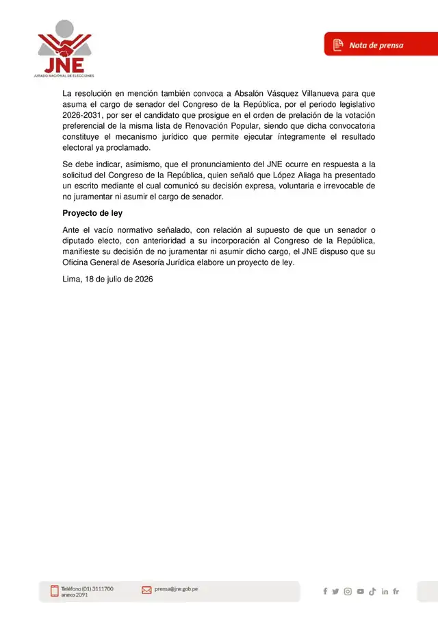 JNE deja sin efecto credencial de senador de Rafael López Aliaga y convoca a Absalón Vásquez en su lugar JNE deja sin efecto credencial de senador de Rafael López Aliaga y convoca a Absalón Vásquez en su lugar