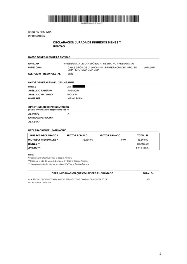 Declaración de Keiko Fujimori ante la Contraloría.