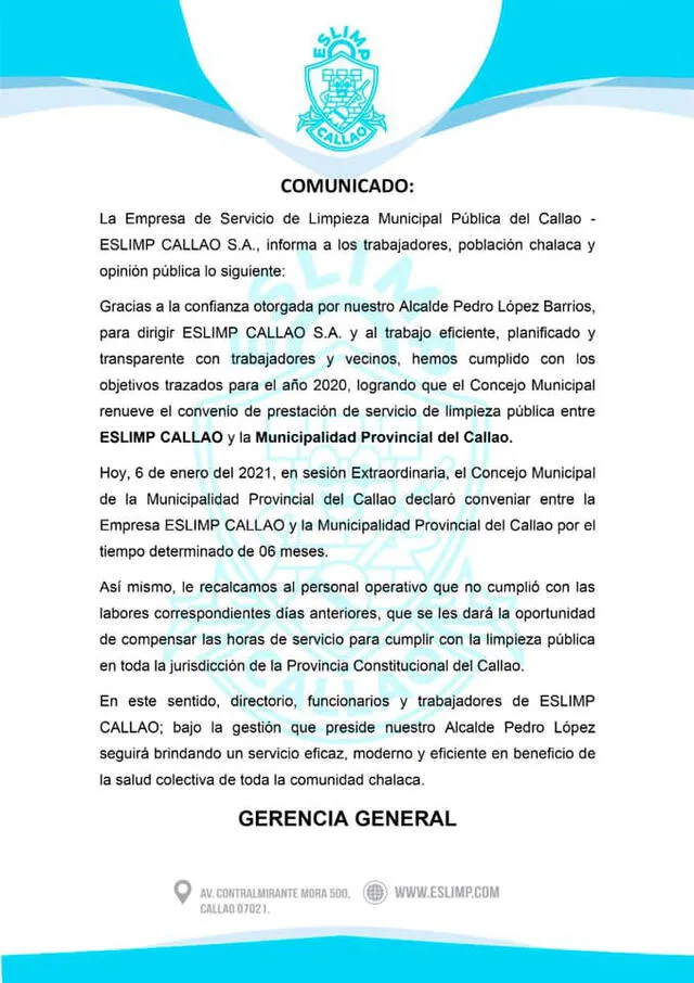 Comunicado de Eslimp Callao