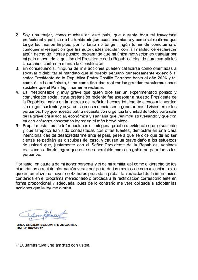 Carta notarial de Dina Boluarte a Ricardo Belmont. Foto: captura de Twitter