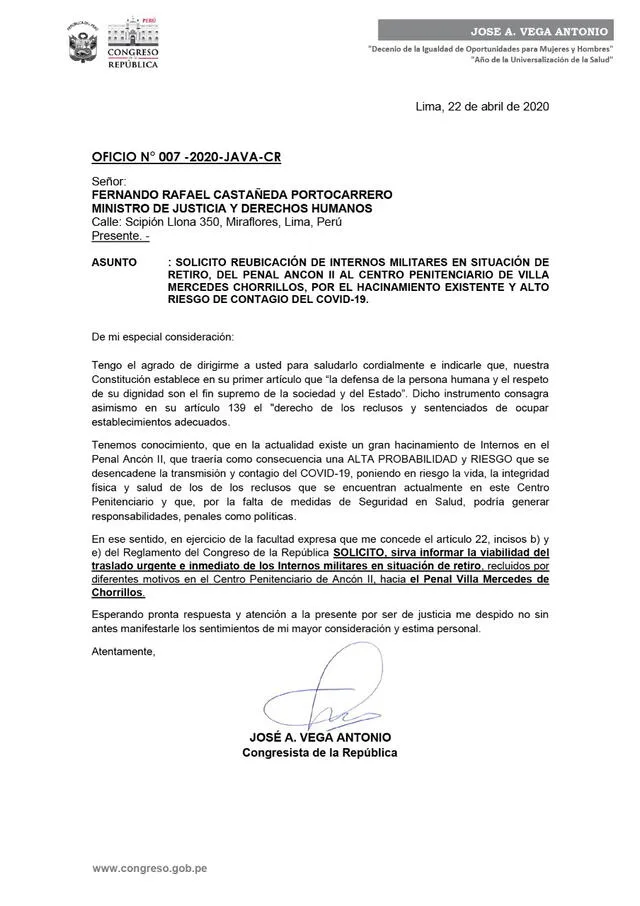 Documento de Vega enviado al Ministerio de Justicia.