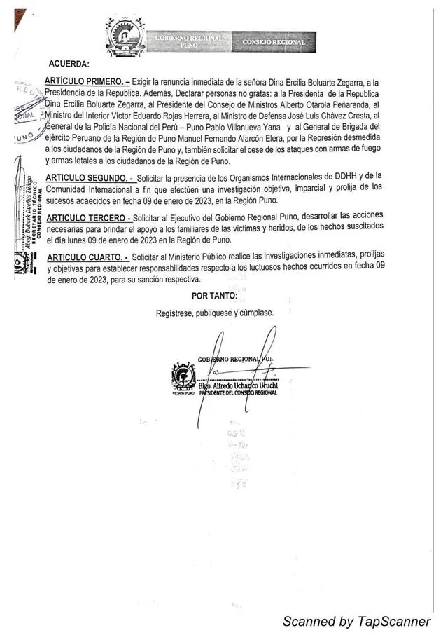 Acuerdo del Consejo Regional de Puno. Foto: difusión