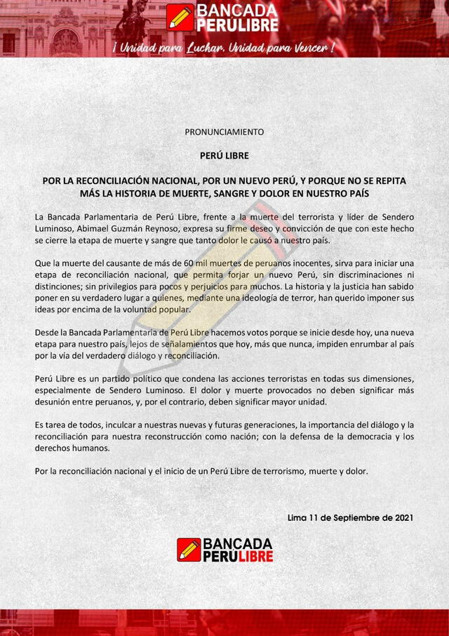 Pronunciamiento de bancada Perú Libre tras muerte de Abimael Guzmán. Foto: captura/Twitter