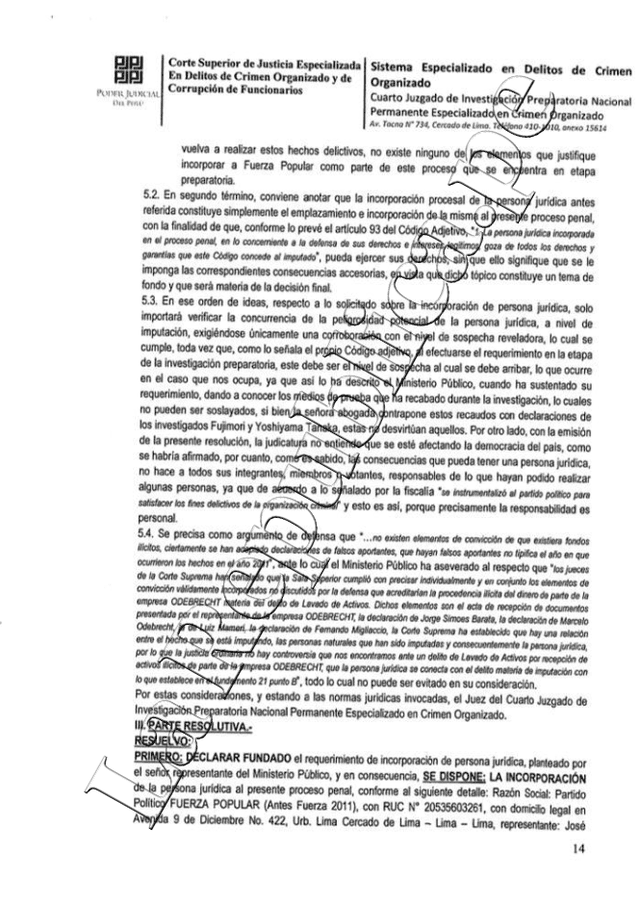 Documento fiscal sobre Fuerza Popular en caso Odebrecht.