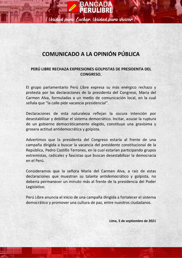 Comunicado de Perú Libre.