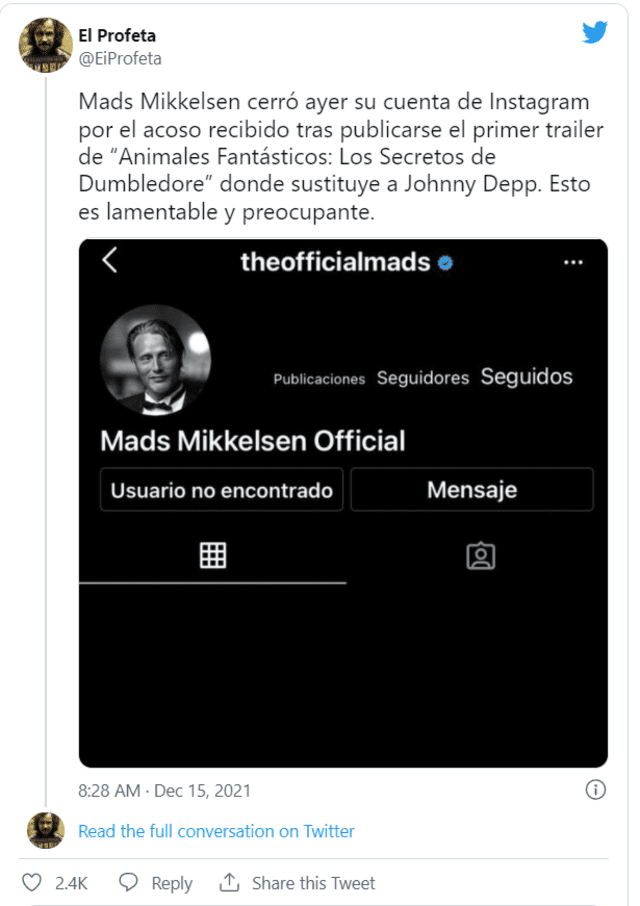 Potterheads lamentan que el acoso virtual a Mads Mikkelsen terminara con el cierre de su cuenta de Instagram. Foto: captura Twitter