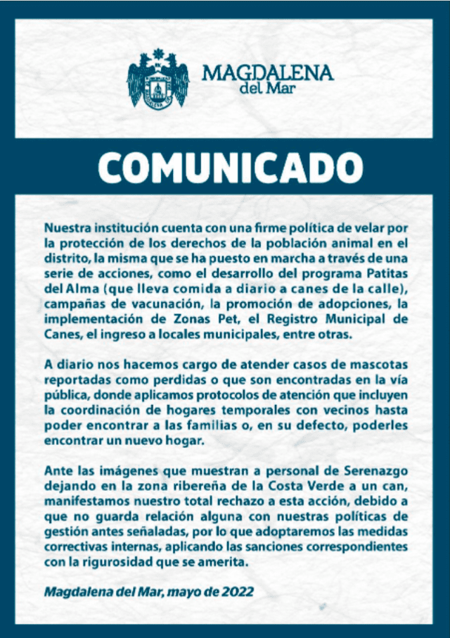 Municipalidad de Magdalena se pronuncia sobre caso de maltrato animal. Foto: Twitter