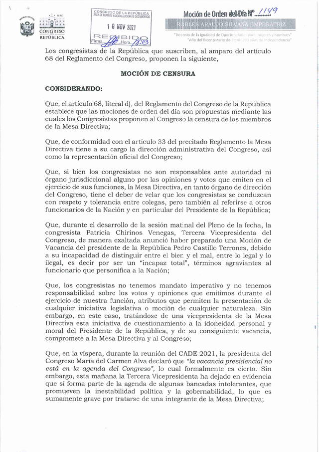 Bancada de Bancada de Perú Libre presenta moción de censura contra Patricia Chirinos Imagen: Documento oficial del CongresoPerú Libre presenta moción de censura contra Patricia Chirinos