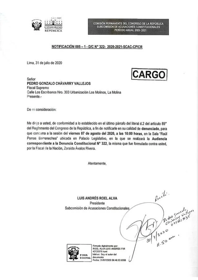 Disposición del presidente de la Subcomisión de Acusaciones Constitucionales, Luis Roel Alva.