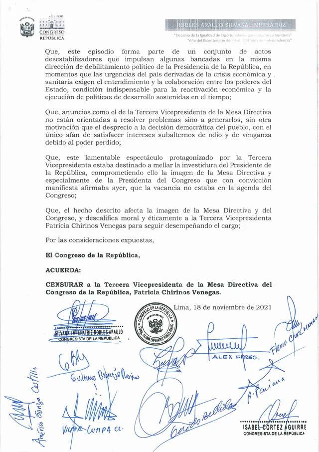 Bancada de Perú Libre presenta moción de censura contra Patricia Chirinos Imagen: Documento oficial del Congreso