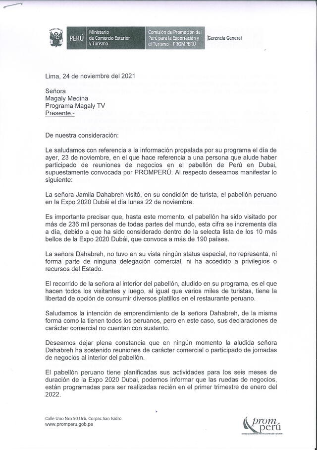 Respuesta de La Comisión de Promoción del Perú para la Exportación y el Turismo antes los cuestionamientos de Magaly Medina. Foto: Promperú comunicado