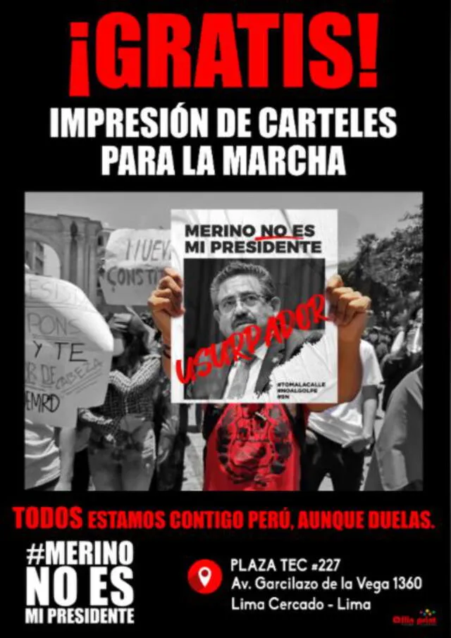 Detienen a jóvenes que ofrecieron imprimir afiches en contra de Manuel Merino. Foto: FB Allin Print