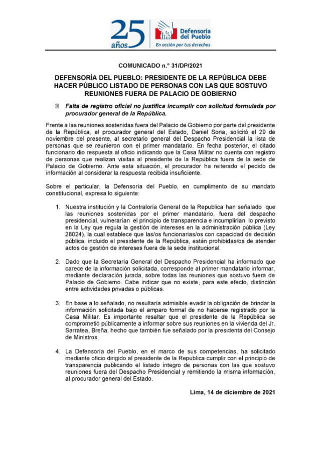Defensoría insta a Pedro Castillo a publicar lista de personas con las que se reunió en Breña. Foto: captura de Twitter