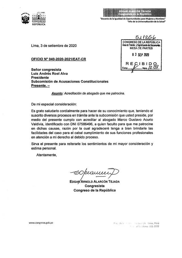 Documento firmado por Edgar Alarcón