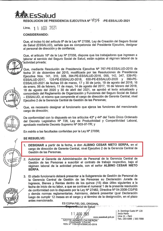 Resolución de EsSalud nombrando a Albino Cesar Nieto Serpa. Resolución de EsSalud nombrando a Albino Cesar Nieto Serpa.