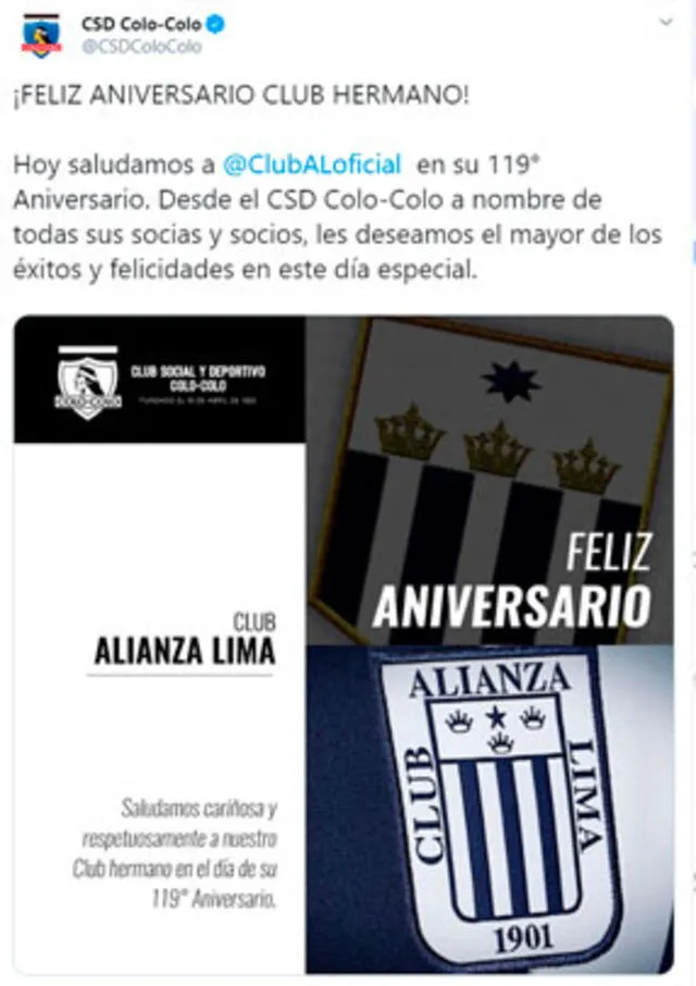 Colo Colo envío un mensaje a Alianza Lima por su aniversario de fundación.